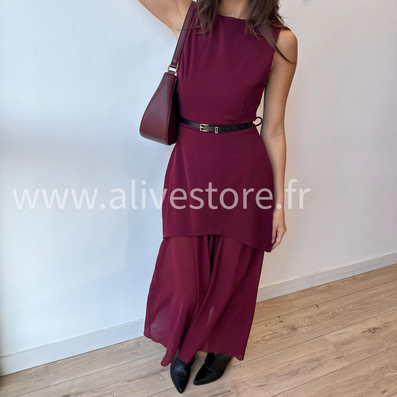 Robe Clara longue avec ceinture noire – Bordeaux, noir, beige & marron | ALIVE STORE