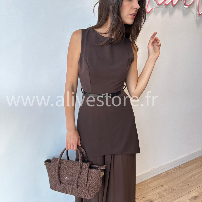Robe Clara longue avec ceinture noire – Bordeaux, noir, beige & marron | ALIVE STORE