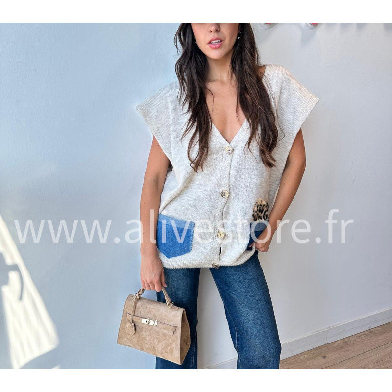 Gilet Lucia avec poches jean et léopard – ALIVE STORE