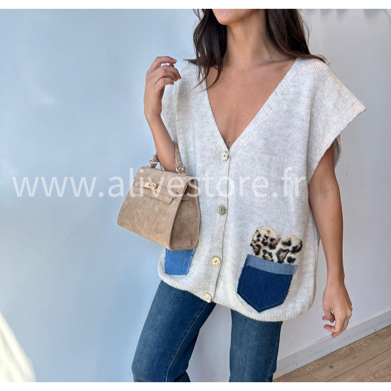 Gilet Lucia avec poches jean et léopard – ALIVE STORE