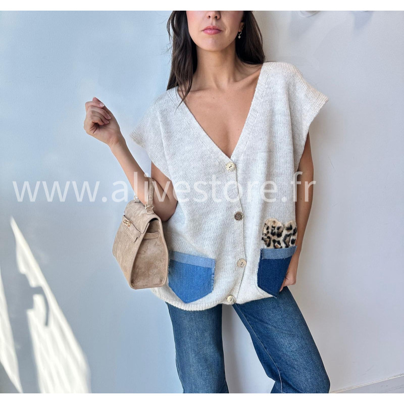 Gilet Lucia avec poches jean et léopard – ALIVE STORE