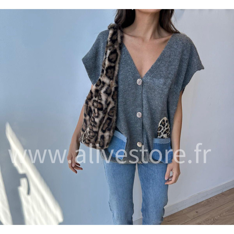 Gilet Lucia avec poches jean et léopard – ALIVE STORE