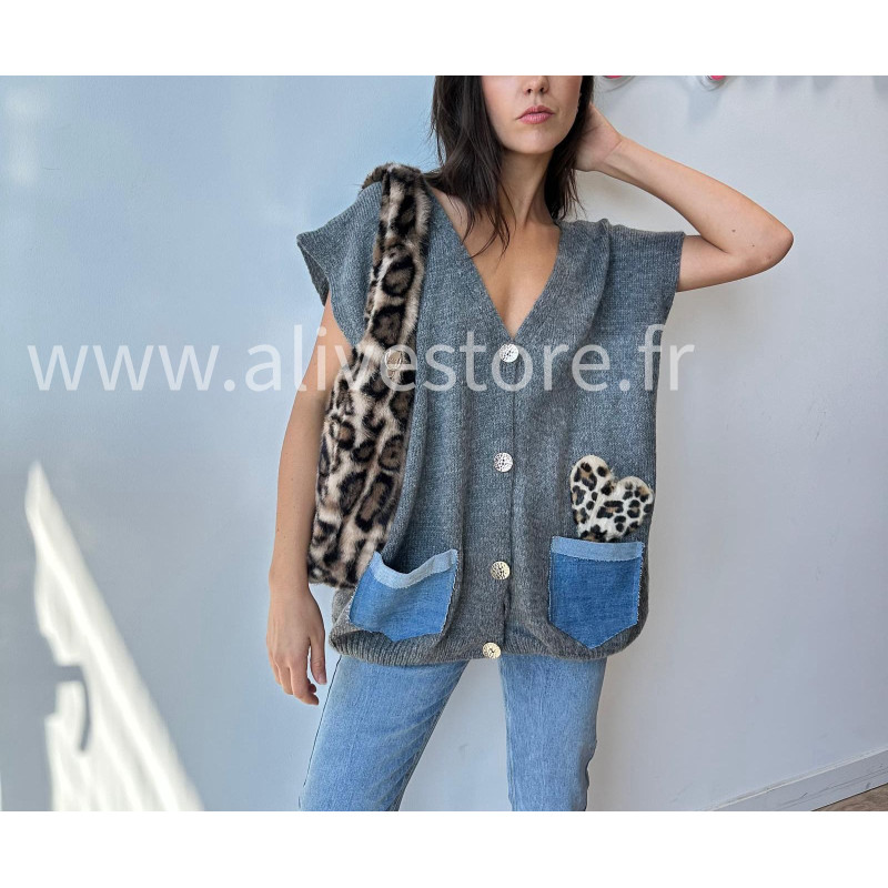 Gilet Lucia avec poches jean et léopard – ALIVE STORE
