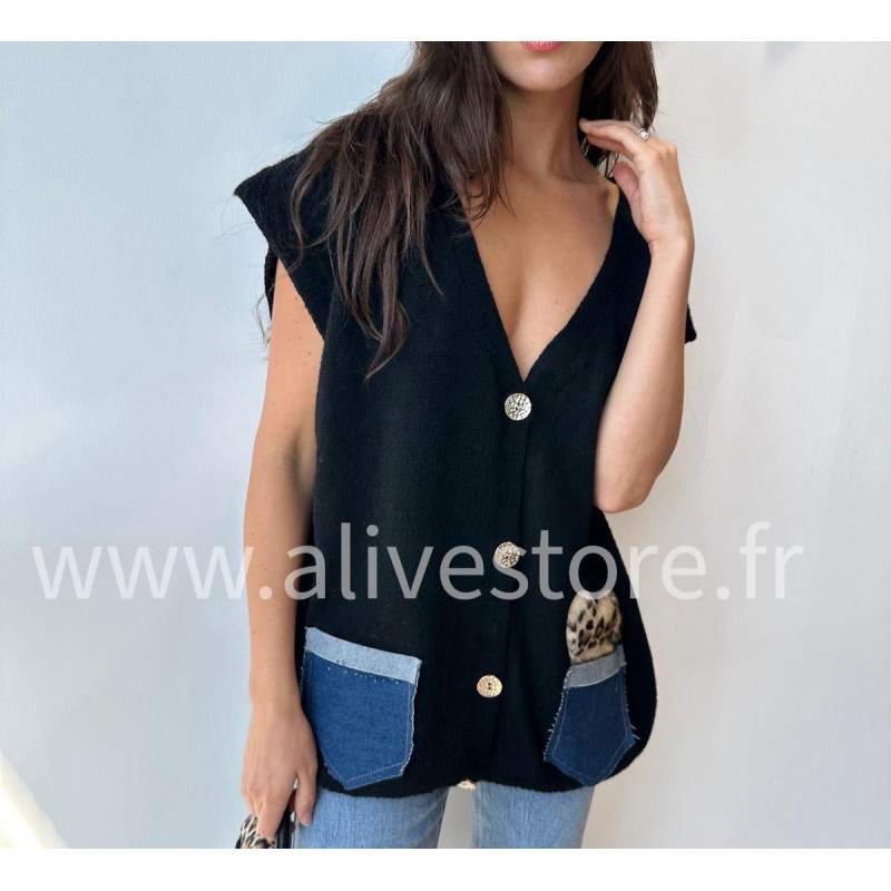 Gilet Lucia avec poches jean et léopard – ALIVE STORE