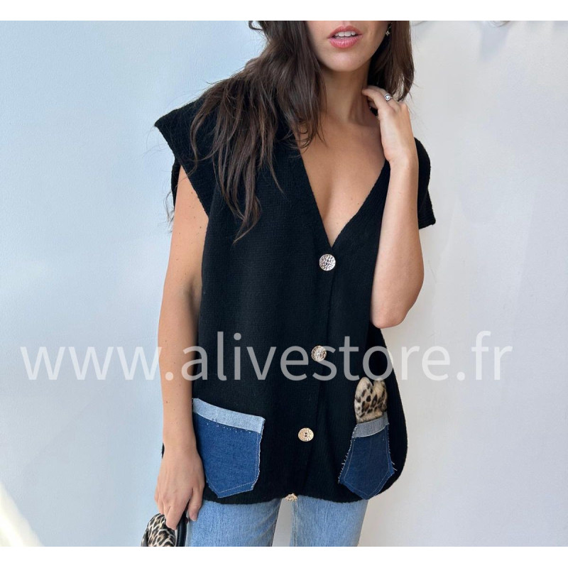 Gilet Lucia avec poches jean et léopard – ALIVE STORE