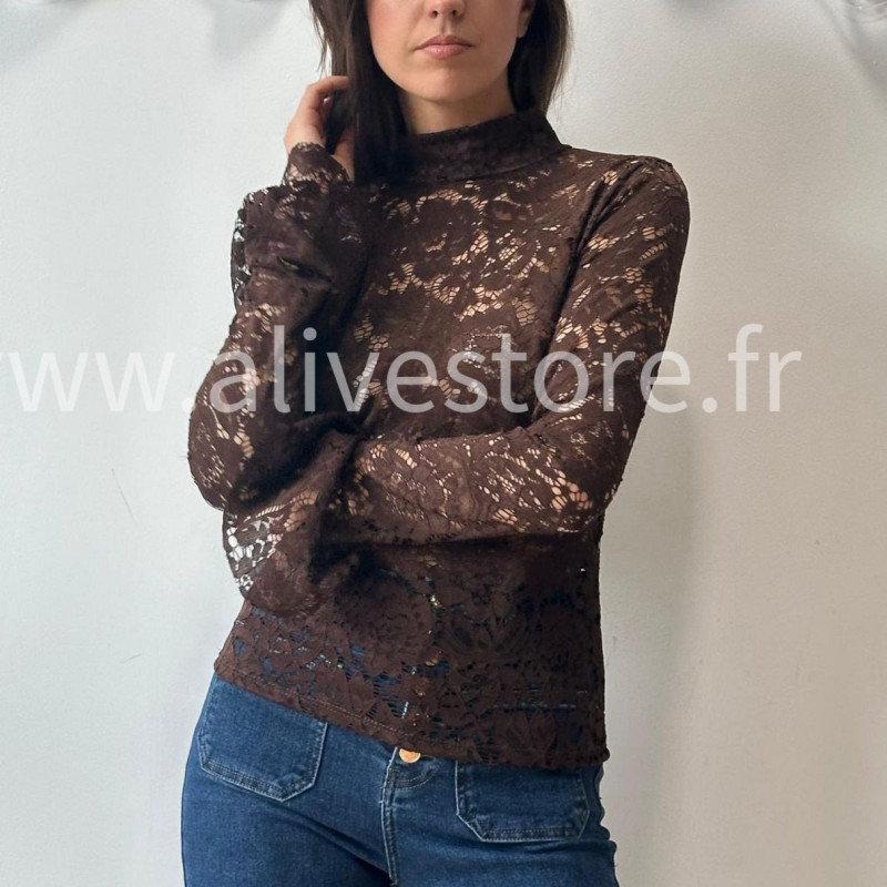 TOP DALIA DENTELLE TRANSPARENTE MARRON – ALIVE STORE