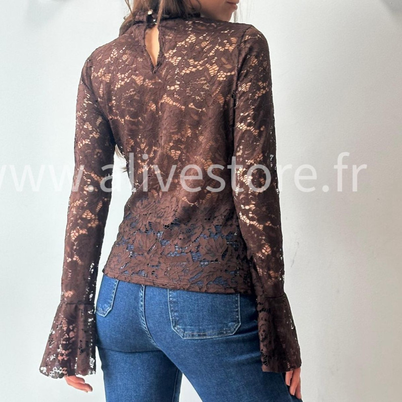 TOP DALIA DENTELLE TRANSPARENTE MARRON – ALIVE STORE