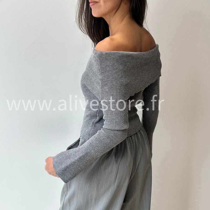 PULL GEMMA GRIS COL BARDOT FEMME – ALIVE STORE