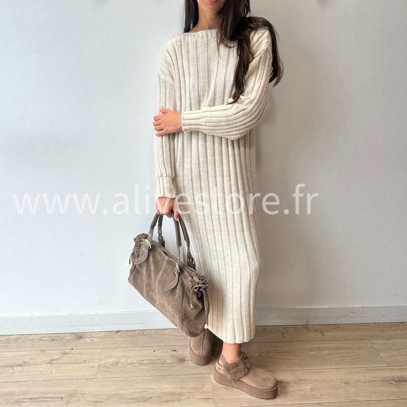 ROBE APRIL MAILLE CÔTELÉE TAUPE – ALIVE STORE